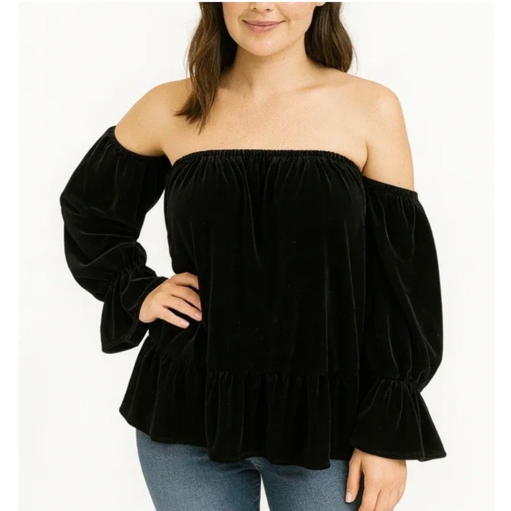Misa Top Black Velvet Off the Shoulder Peplum Long Sleeve Made in USA Size XS‎